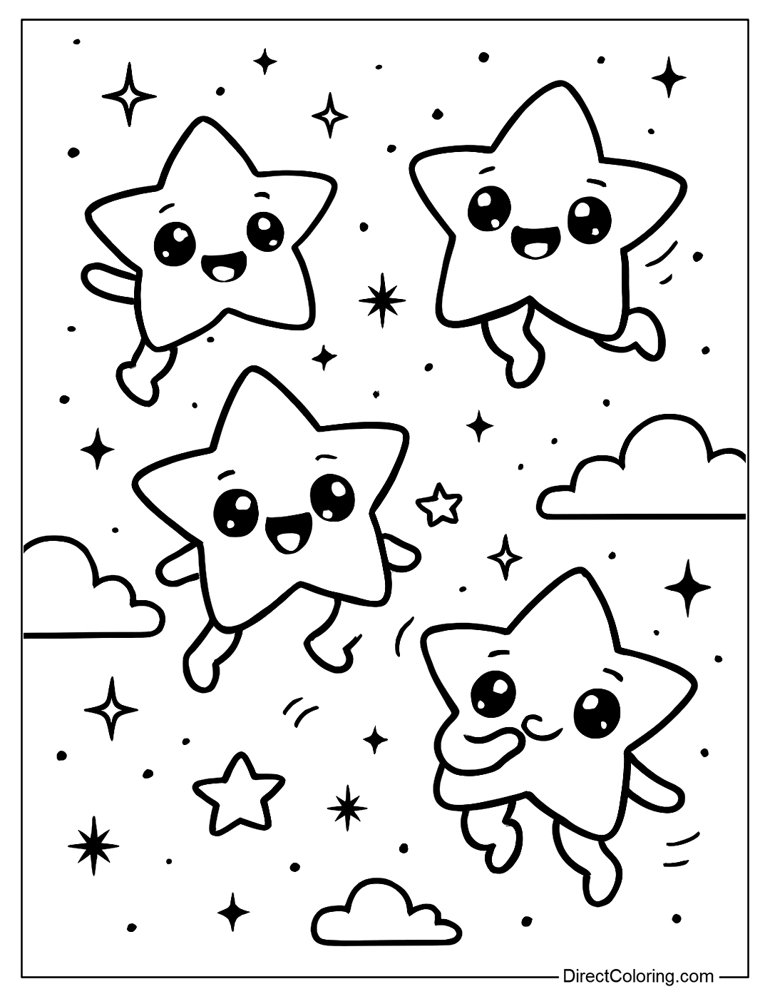 Coloring page of many small stars dancing happily in the sky